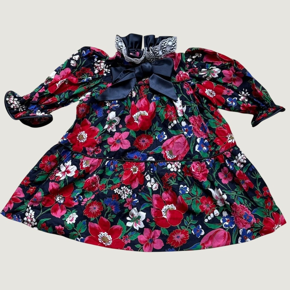 Vintage Elen Henderson Girls Red Floral Lace Bow Dress Size 3 Made in Canada